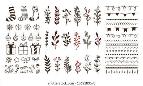 Hand Drawn Ornamental Winter Elements. Doodle Christmas Snowflake, Floral Branches And Decorative Borders. Gift Boxes, Ornament Deco Borders And Xmas Tree Leaves. Isolated Vector Symbols Set