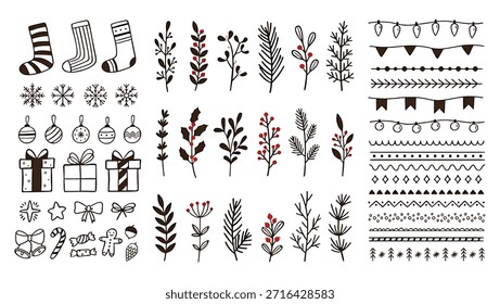 Elementos ornamentales de invierno dibujados a mano. Doodle copo de nieve de Navidad, ramas florales y bordes decorativos. Cajas de regalo, bordes decorativos de adornos y hojas de árbol de Navidad. Conjunto de símbolos de Vector aislado