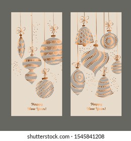 Hand drawn ornamental xmas baubles composition for card, header, invitation, poster, social media, post publication. Gold and gray elegant Christmas vector image. 
