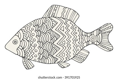 Hand drawn ornamented, abstract fish, isolated on white, vector illustration