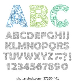 Hand drawn ornate alphabet. Letters, numbers, signs. Trendy design elements for  t-shirt prints, posters, tea cups, house decoration. Vintage vector illustration.