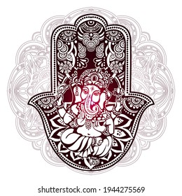 Hand drawn Ornate amulet Hamsa Hand of Fatima with Lord Ganesh. Ethnic amulet common in Indian.