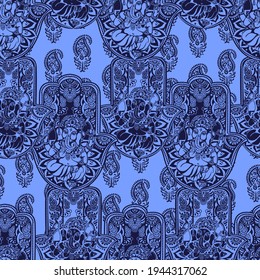 Hand drawn Ornate amulet Hamsa Hand of Fatima with Lord Ganesh. Ethnic amulet common in Indian. Seamless background