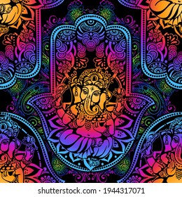 Hand drawn Ornate amulet Hamsa Hand of Fatima with Lord Ganesh. Ethnic amulet common in Indian. Seamless background