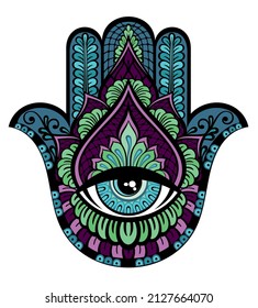 Hand drawn Ornate amulet Hamsa Hand of Fatima with an eye and Lotus