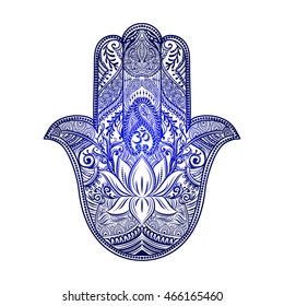 Hand drawn Ornate amulet Hamsa Hand of Fatima. Ethnic amulet common  in Indian, Arabic and Jewish cultures. 