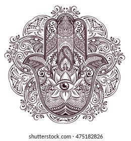 Hand drawn Ornate amulet Hamsa Hand of Fatima. Ethnic amulet common in Indian, Arabic and Jewish cultures.