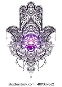 Hand drawn Ornate amulet Hamsa Hand of Fatima. Ethnic amulet common in Indian, Arabic and Jewish cultures.