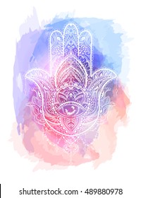 Hand drawn Ornate amulet Hamsa Hand of Fatima.Tattoo design. Ethnic amulet common in Indian, Arabic and Jewish cultures.