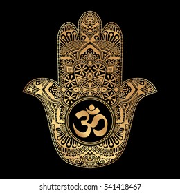 Hand drawn Ornate amulet Hamsa Hand of Fatima. Ethnic amulet common in Indian, Arabic and Jewish cultures