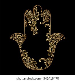 Hand drawn Ornate amulet Hamsa Hand of Fatima. Ethnic amulet common in Indian, Arabic and Jewish cultures.