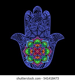 Hand drawn Ornate amulet Hamsa Hand of Fatima. Ethnic amulet common in Indian, Arabic and Jewish cultures.