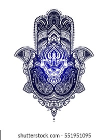 Hand drawn Ornate amulet Hamsa Hand of Fatima. Ethnic amulet common in Indian, Arabic and Jewish cultures.