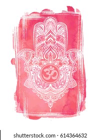 Hand drawn Ornate amulet Hamsa Hand of Fatima.Tattoo design. Ethnic amulet common in Indian, Arabic and Jewish cultures.