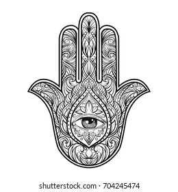 Hand drawn Ornate amulet Hamsa Hand of Fatima. Ethnic amulet common in Indian, Arabic and Jewish cultures.