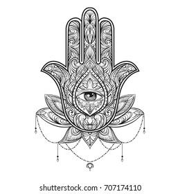 Hand drawn Ornate amulet Hamsa Hand of Fatima. Ethnic amulet common in Indian, Arabic and Jewish cultures.