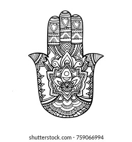 Hand drawn Ornate amulet Hamsa Hand of Fatima. Ethnic amulet common in Indian, Arabic and Jewish cultures. On white background.