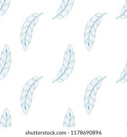 Hand drawn ornate blue doodle feather seamless pattern. Design background, wrap, cover, fabric, pilloe, decoration.