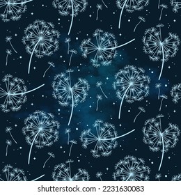 Hand drawn ornate dandelions seamless pattern in graphic style isolated vector illustration