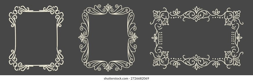 Hand drawn ornate decorative frames with flowing scrollwork and floral accents in baroque and rococo styles. Elegant vintage borders for luxury wedding invitations, antique stationery, classic design