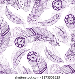 Hand drawn ornate doodle feather seamless pattern in violet color. Design background, wrap, cover, fabric, pilloe, decoration.