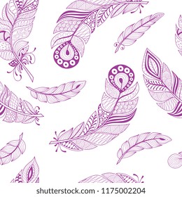 Hand drawn ornate doodle feather seamless pattern in violet color. Design background, wrap, cover, fabric, pilloe, decoration.