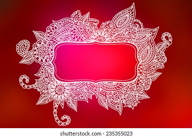 Hand drawn ornate doodle frame over abstract smooth blurry background.