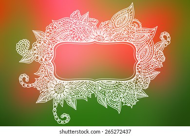 Hand drawn ornate doodle frame over abstract smooth blurry background.