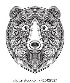 Hand drawn ornate doodle graphic black and white bear face. Vector illustration for t-shirts design, tattoo, coloring book and other things