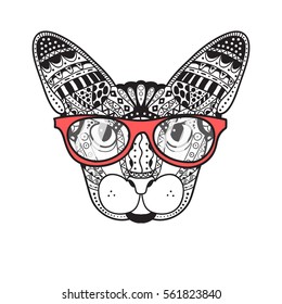 Hand drawn ornate doodle graphic black and white Sphinx cat face with red glasses. Vector illustration for t-shirts design, tattoo, and other things
