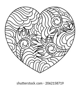 Hand drawn ornate doodle heart. Coloring book page for adults. Vector illuctration