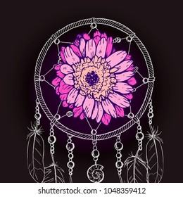 Hand drawn ornate Dream catcher with pink daisy flower on a black background. Vector illustration