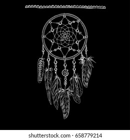 Hand drawn ornate Dream catcher with feathers, gemstones. Astrology, spirituality, magic symbol. Ethnic tribal element. Vector illustration