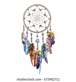 Hand drawn ornate Dream catcher with feathers, gemstones. Astrology, spirituality, magic symbol. Ethnic tribal element. Vector illustration