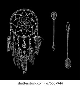 Hand drawn ornate Dream catcher with feathers, gemstones. And two isolated arrows Astrology, spirituality, magic symbol. Ethnic tribal element. Vector