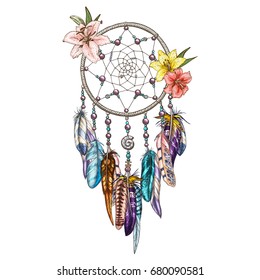 Hand drawn ornate Dream catcher with lily flowers. Astrology, spirituality symbol. Ethnic tribal element.