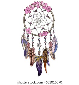 Hand drawn ornate Dream catcher with blue and purple pansy flowers Astrology, spirituality symbol. Ethnic tribal element.