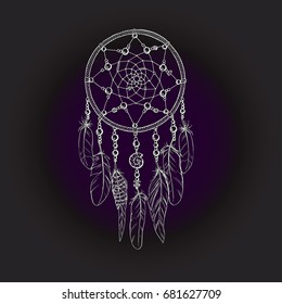 Hand drawn ornate Dream catcher gently pink peony bud in the center on black background. Vector