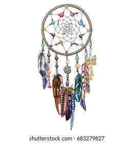 Hand drawn ornate Dream catcher with feathers, jewels and colorful gemstones. Astrology, spirituality symbol. Ethnic tribal element.