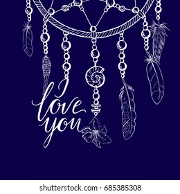 Hand drawn ornate Dream catcher in a contour on blue background. I love you lettering and lily. Vector illustration