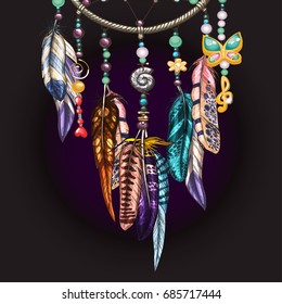 Hand drawn ornate Dream catcher with feathers, jewels and colorful gemstones. Ornamental bird feathers isolated on black. Vector illustration