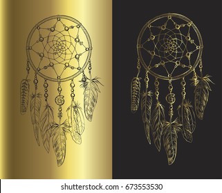 Hand drawn ornate Dream catchers with feathers, gemstones isolated on a black and gold backgrounds. Astrology, spirituality, magic symbol. Ethnic tribal element. Vector