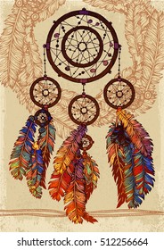 Hand drawn ornate Dreamcatcher with feathers, gemstones. Vector illustration. Card with art, astrology, spirituality, magic symbol. Ethnic tribal element