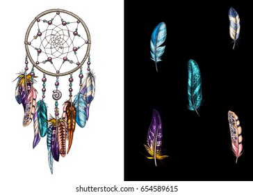 Hand drawn ornate Dreamcatcher with feathers, gemstones. Card with art, astrology, spirituality, magic symbol. Ethnic tribal element