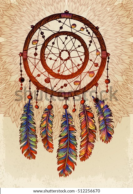 Hand Drawn Ornate Dreamcatcher Feathers Gemstones Stock Vector (Royalty ...