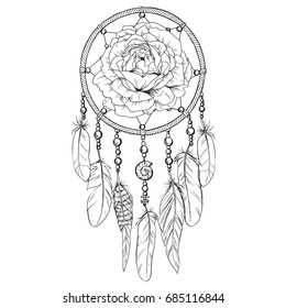 Hand drawn ornate Dreamcatcher with rose bud in contour. Vector illustration