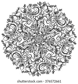 Hand drawn ornate fantasy flower in the crown of leaves and swirls. Isolated Vector illustration. Flower mandala