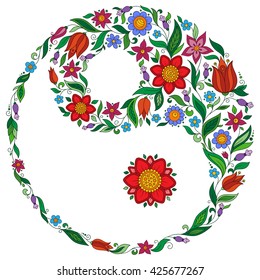 Hand drawn ornate flower in the crown of leaves with Yin and yang Tao symbol. Isolated Vector illustration. Invitation element. Tattoo, astrology, alchemy, boho and magic symbol.