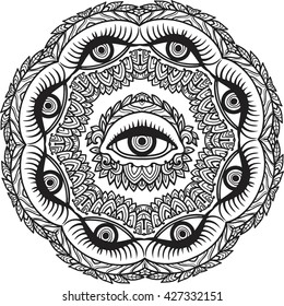Hand drawn ornate flower in the crown of leaves and sticks with the eye of providence inside. Isolated Vector illustration. Invitation element. Tattoo, astrology, alchemy, boho and magic symbol.
