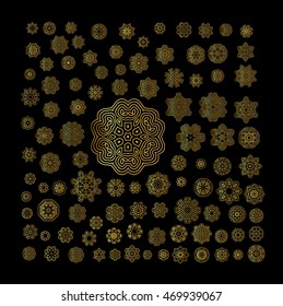 Hand drawn ornate flower. Vector illustration.  Gold mandala on black background. Beautiful vintage round pattern